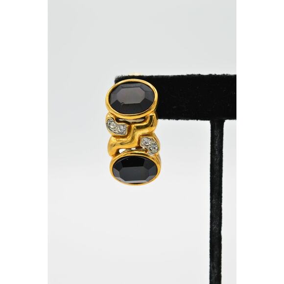 Les Bernard Vintage Clip On Earrings Black Crystal Gold Signed NOS 1980s 9L - Picture 6 of 8